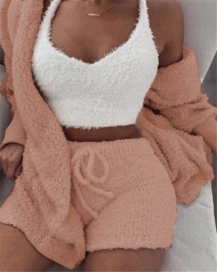 Winter Sexy Women Home Wear Suit Casual Pajamas Set Female Soft Warm Long Sleeve Exposed Navel Vest Shorts Set | Lingerie | Berlure